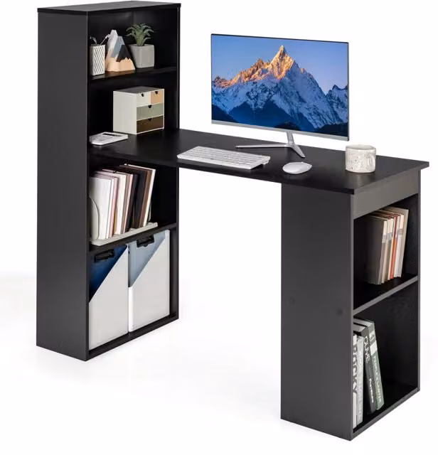 Scrivania per Computer con Libreria a 6 Ripiani, Postazione di Lavoro Salvaspazio Reversibile in Legno MDF per Ufficio e Casa, Nero