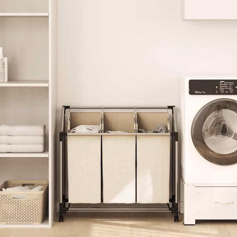 vidaXL Portabiancheria con 3 Sacchi Beige in Acciaio e Plastica con Ruote e Maniglie