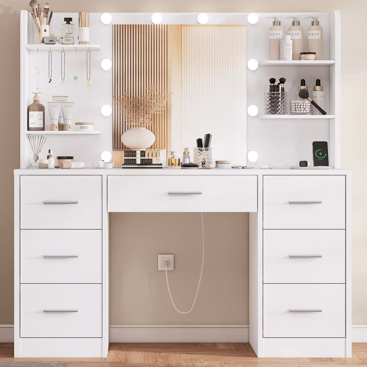 Comò da trucco con illuminazione a LED, specchio, prese di corrente, 7 cassetti, colore bianco