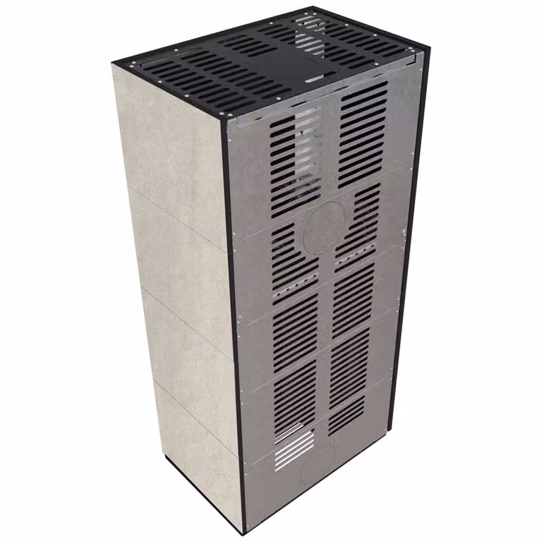 Kit camino KRATKI FLOKI BOX destro 8 kW Ø 160 sinterizzato al quarzo NATURALI PIETRA DI SAVOIA PERLA BOCCIARDATA rivestimento nero