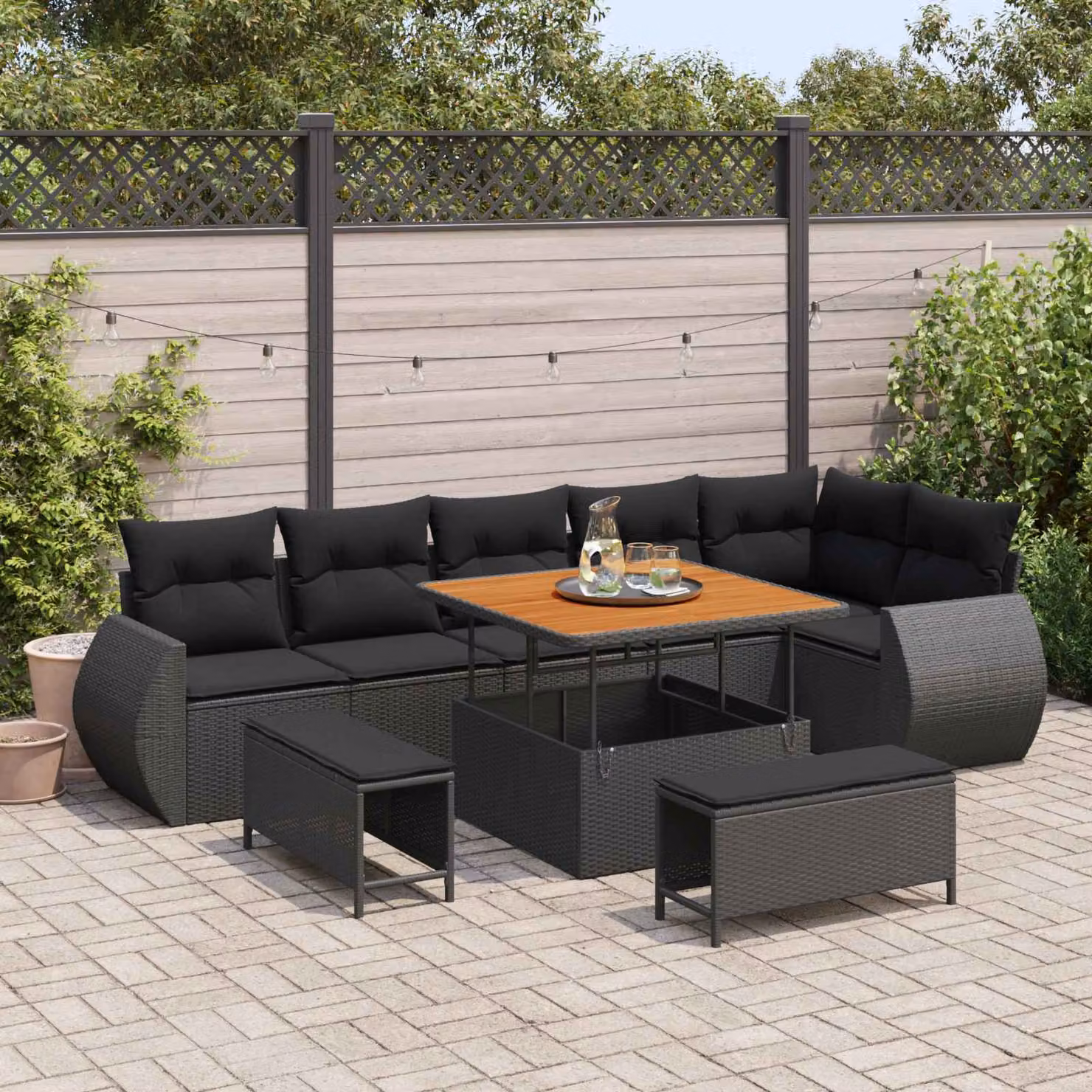 Set Divano da Giardino vidaXL 9 posti Nero con Cuscini e Tavolino in Rattan e Acciaio – 1