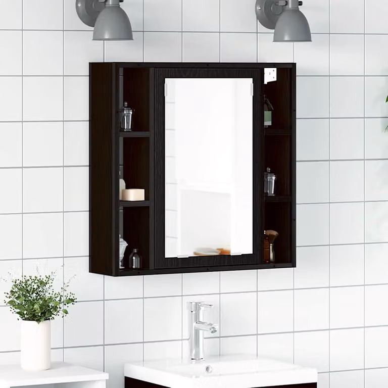 Mobiletto da bagno sospeso con specchio vidaXL in rovere nero, L: 60 cm, P: 16 cm, H: 60 cm