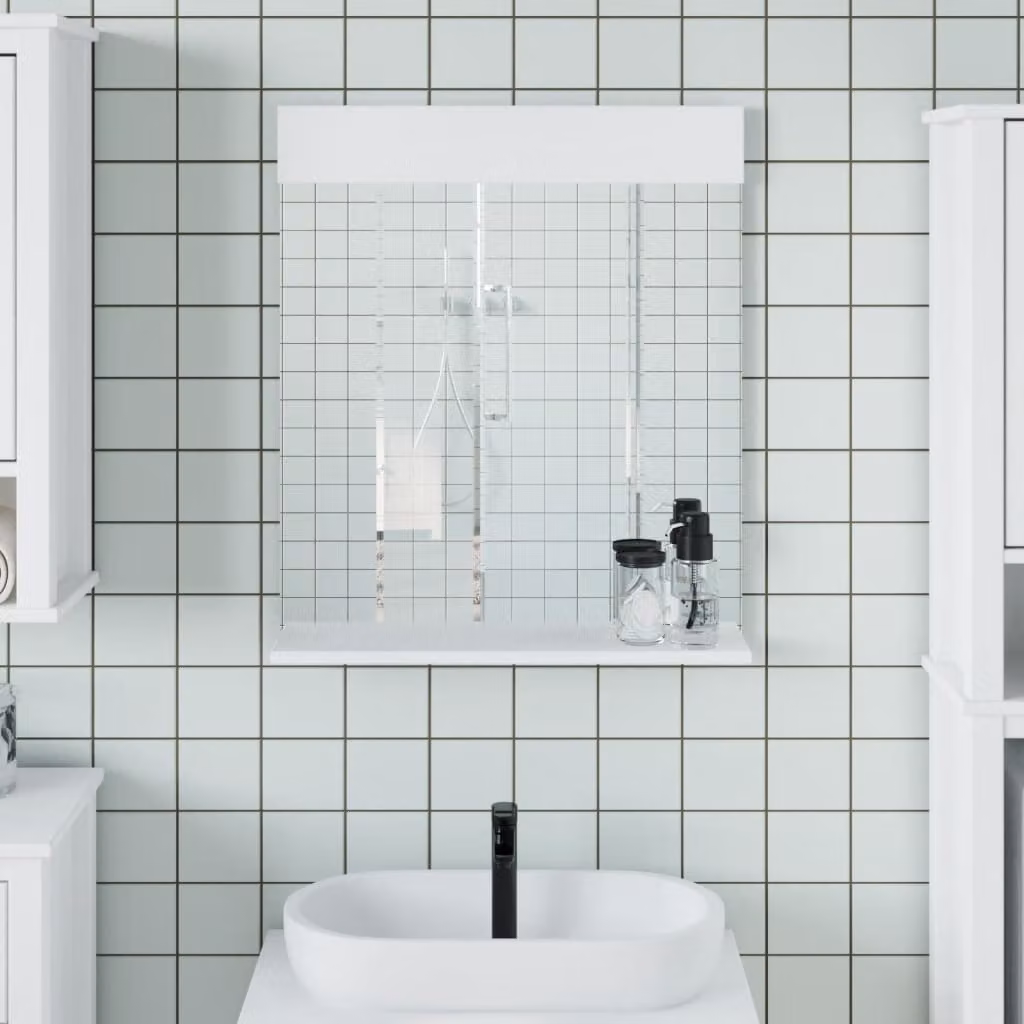 Specchio da bagno con ripiano vidaXL BERG in legno di pino bianco L 60 cm, P 12 cm, H 70 cm