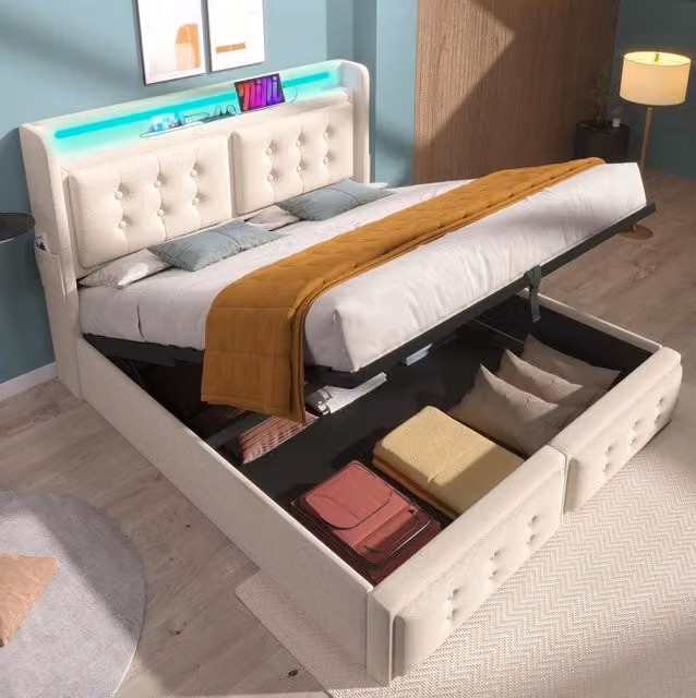 Letto matrimoniale 180x200 cm con contenitore; testiera LED e prese USB-C; beige
