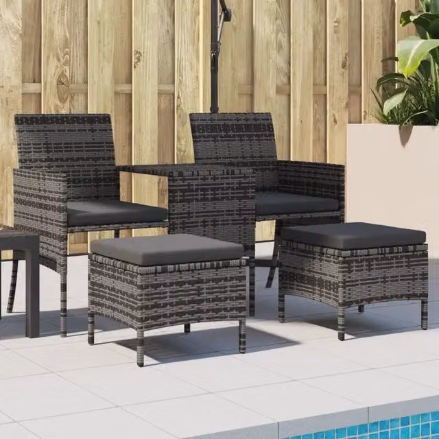 Divano Giardino 2 Posti con Tavolo e Sgabelli-Sofa da Giardino-Divanetto da esterno Grigio Polyrattan 698475