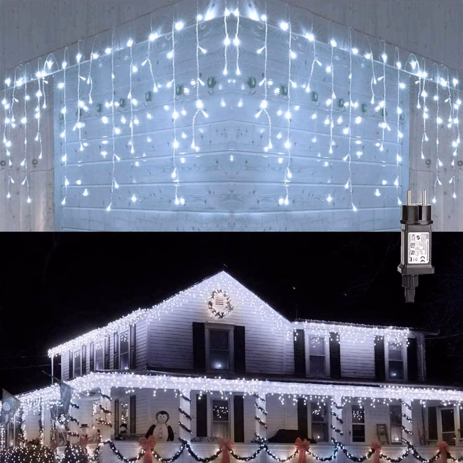 Catena luminosa effetto neve, 240 LED, luce bianca fredda, impermeabile, 8 modalità