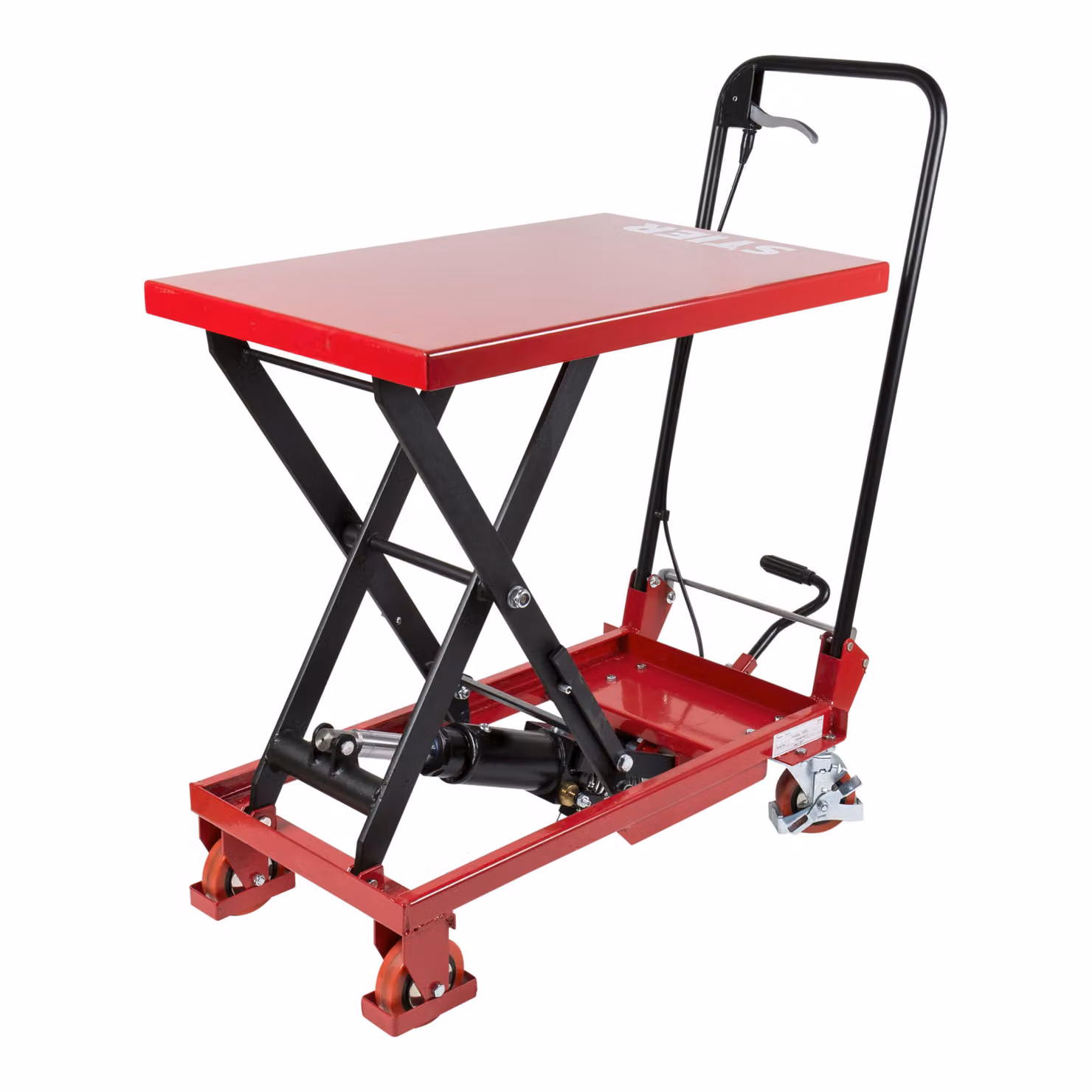 Carrello per tavolo elevatore a forbice STIER con staffa pieghevole, tavolo elevatore mobile con capacità di carico di 150 kg, piattaforma 700x450 mm, campo di sollevamento 220mm-720mm, idraulico, pneumatici in poliuretano