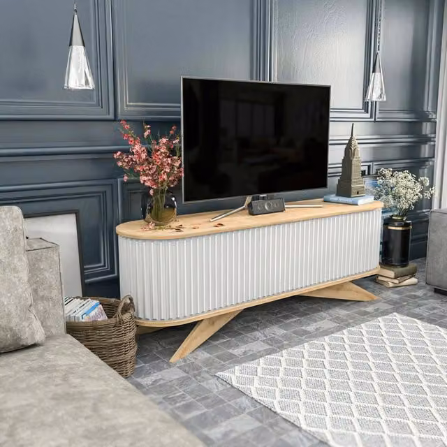Mobile porta TV Bailu DMORA, Credenza moderna per soggiorno in legno quercia e bianco, L 180 x P 43 x H 60 cm