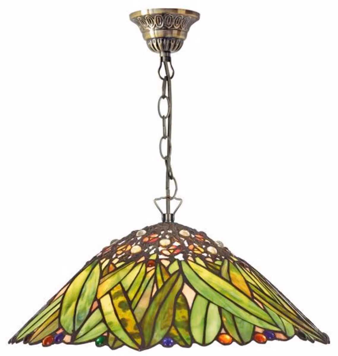 Lampada a sospensione Casa Padrino Tiffany, con catena, in vetro mosaico con motivo di foglie di banana, diametro 40 cm