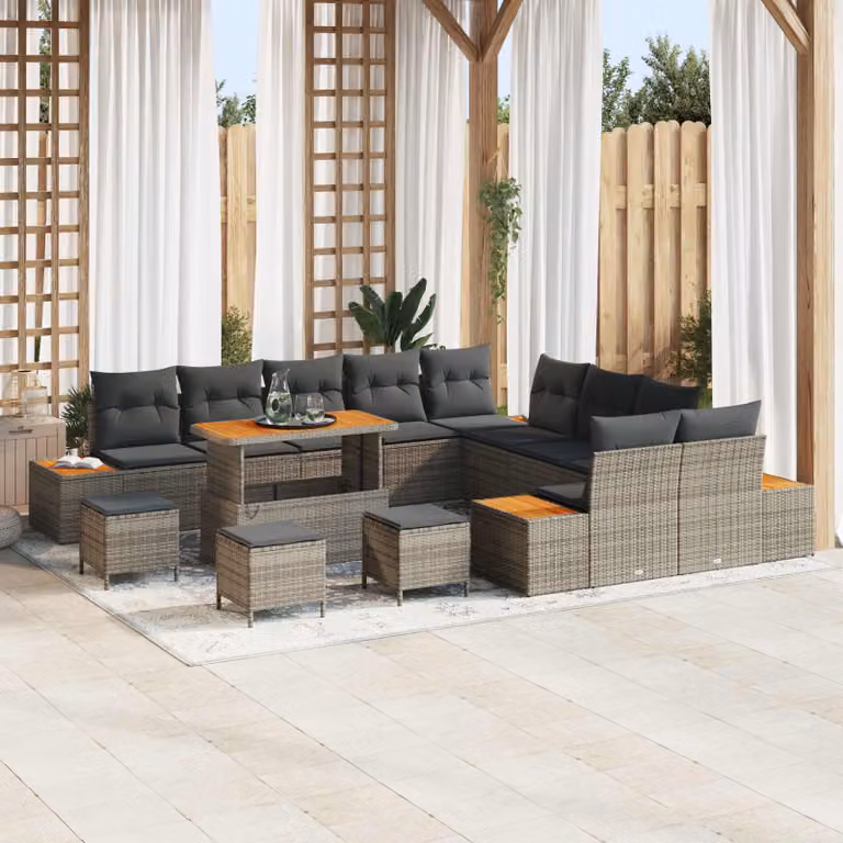 vidaXL Set Divano da Giardino a Forma di U in 14 Pezzi Grigio con Cuscini e Tavolino