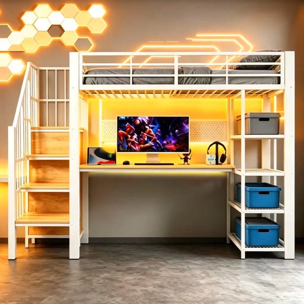 Letto a soppalco singolo multifunzione WISHDOR con scrivania, mensole, illuminazione LED e porte USB, bianco, L/P: 200 x 90 cm – 2