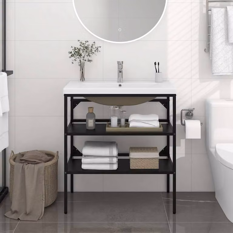 vidaXL Telaio per Lavabo da Bagno con Lavabo Integrato in Metallo e Ceramica Nero e Bianco L/P/H: 83 x 79 x 38 cm
