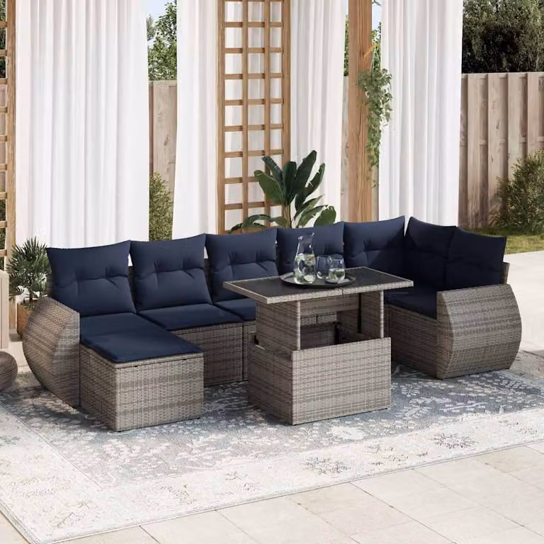 Set Divano da Giardino vidaXL a forma a U in Polyrattan e Legno di Acacia con 8 Pezzi, Colore Grigio e Blu, Completo di Cuscini e Tavolino da Caffè