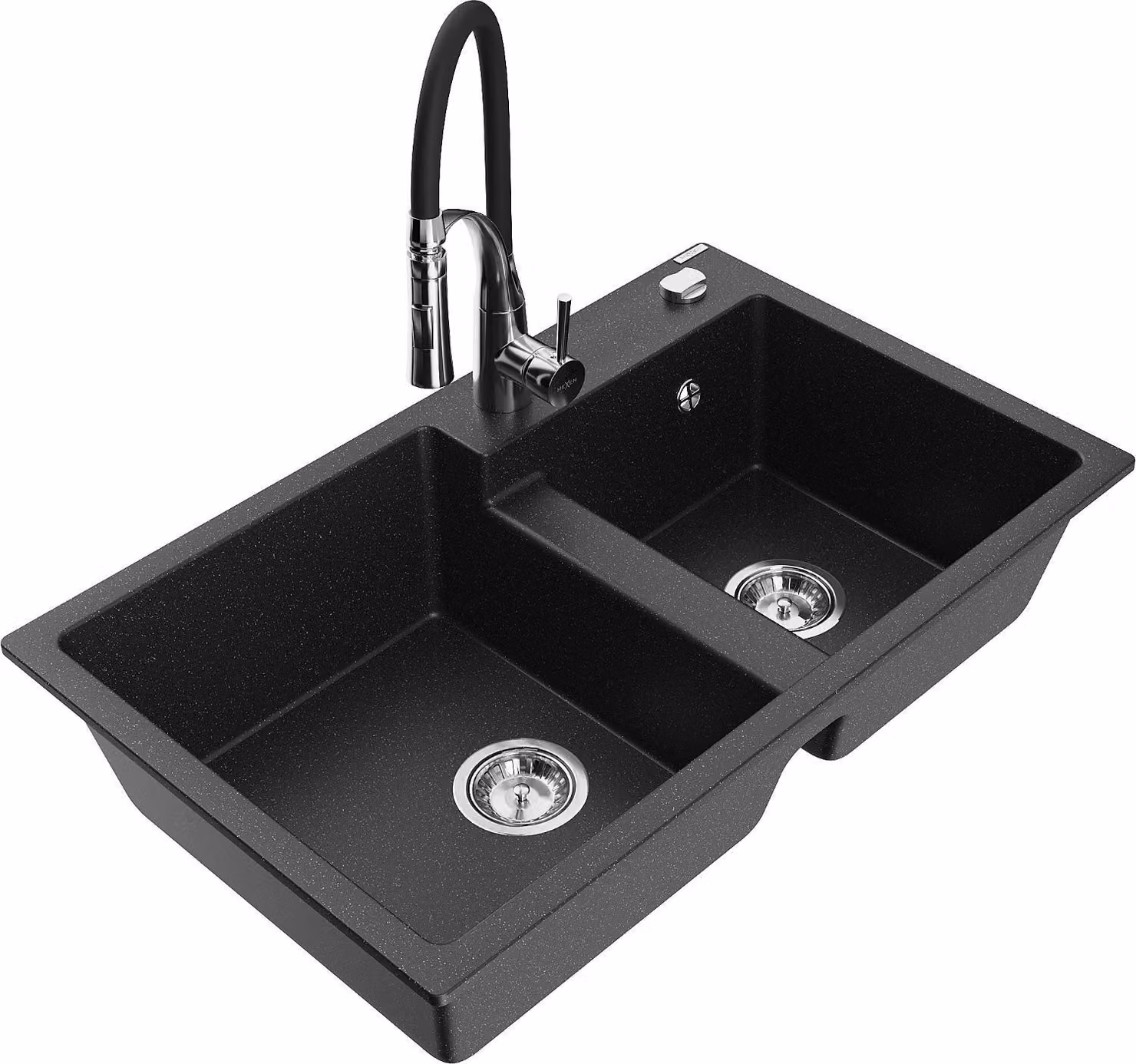 Mexen Tomas lavello in granito a 2 vasche con miscelatore da cucina Aster, nero/argento metallizzato - 6516-73-73450-07