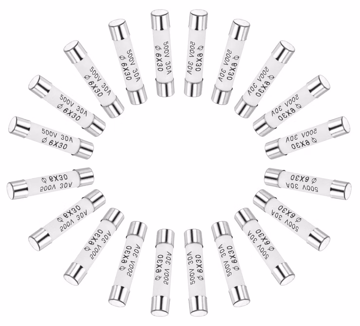 Fusibili ceramici, 30 A, 500 V, dimensioni 6 x 30 mm, confezione da 20 pezzi