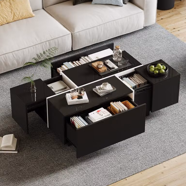 Tavolino da salotto 100x60x40 cm – Tavolino nero con finitura lucida – Tavolino con 4 cassetti e piano scorrevole