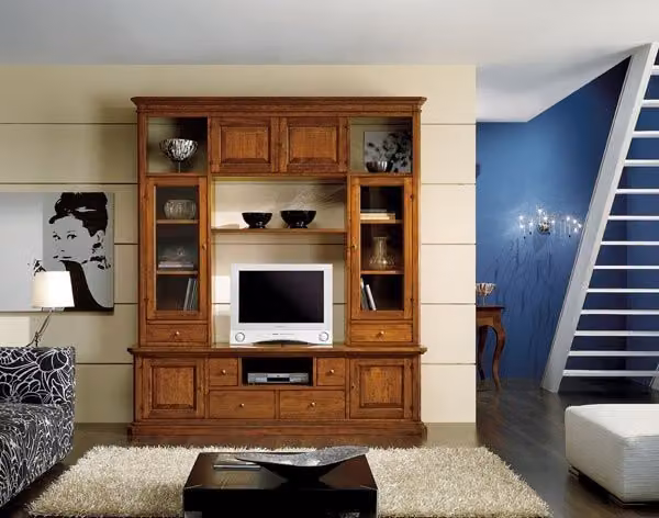 Libreria porta TV in legno stile arte povera con 6 porte, colore marrone, Mobili 2G, L: 210 cm, P: 60 cm, H: 240 cm