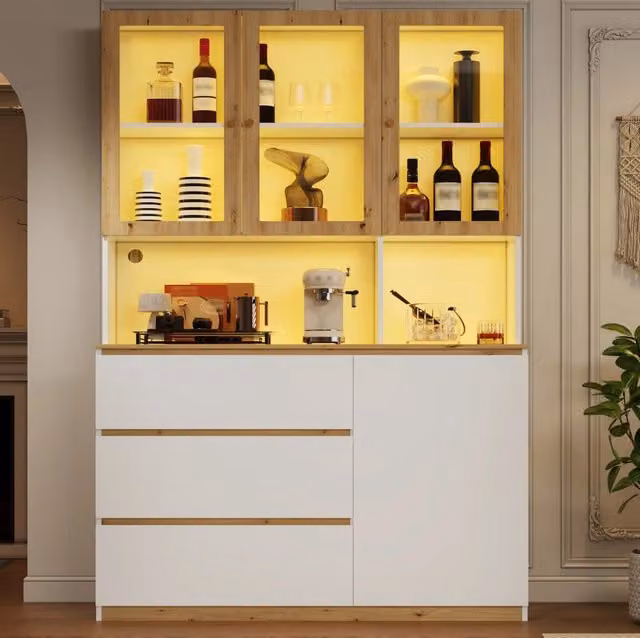 Mobile alto con vetrina LED; 3 cassetti e anta; 120 x 200 cm; MDF; bianco e rovere