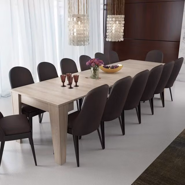 Consolle allungabile DMORA in legno marrone e beige, design moderno rettangolare, L: 305.6 cm, P: 90 cm, H: 75.2 cm
