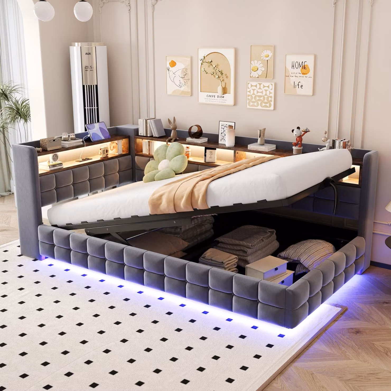 Letto imbottito multifunzionale, divano letto, 90 x 200 cm, con spazio contenitore a sollevamento idraulico, ripiano in legno, striscia LED e presa di corrente