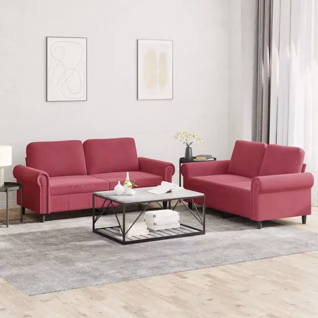 Set di 2 divani moderni vidaXL in velluto rosso con cuscini inclusi