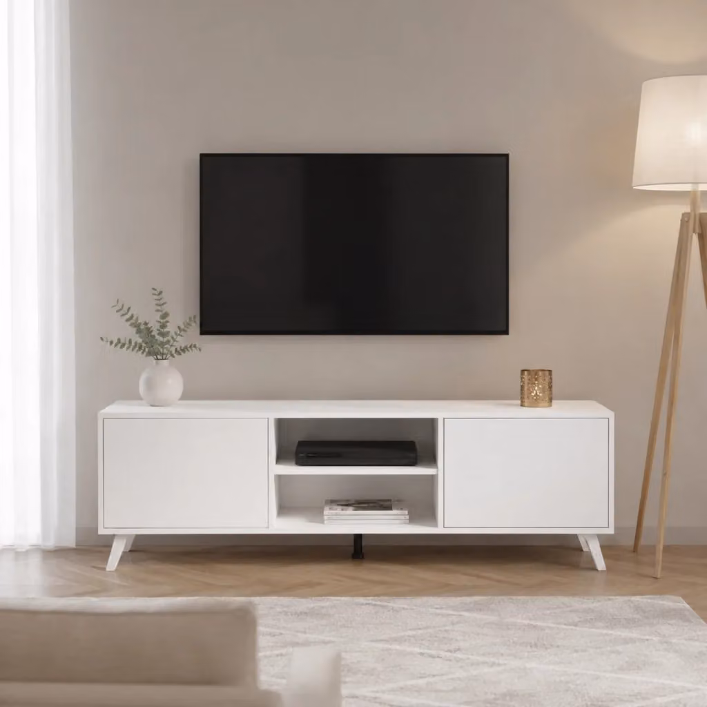 Mobile Porta Televisore Moderno MEGAOFFERTE Bianco con 2 Ante e Ripiani Aperti L 180 x P 39,6 x H 49 cm – 2