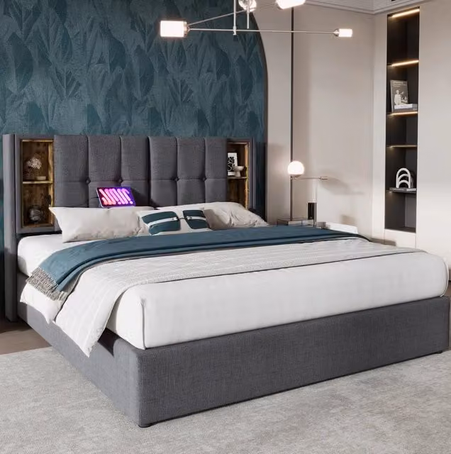 Letto matrimoniale ULEVR 180x200 cm con contenitore, ricarica wireless, 2 USB e Type-C, cotone grigio