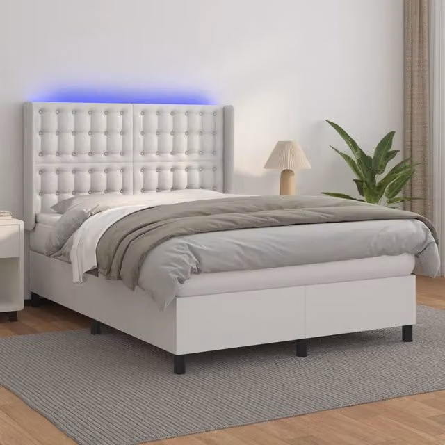 Letto con Giroletto a Molle, Materasso Ibrido e LED di vidaXL, Similpelle Bianco, L/P/H: 140 x 200 cm – 1