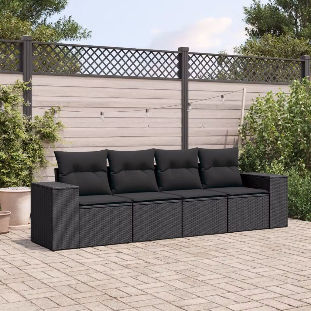 Set di divani da giardino vidaXL 4 pezzi in rattan nero con cuscini e struttura in acciaio rivestito in polvere – 1