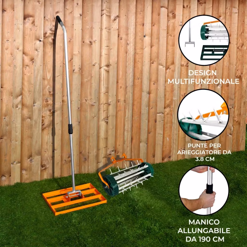 Set 2-in-1 Arieggiatore e Livellatore per Prato Manuale Monster Shop, Arancione e Argento, Acciaio Zincato e Alluminio, Manico 190 cm – 2