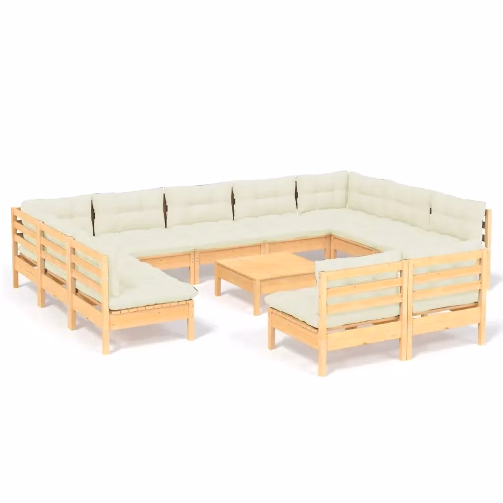 Set di Divani da Giardino a Forma di U vidaXL in Legno Massello di Pino con Cuscini Beige 12 Pezzi – 2