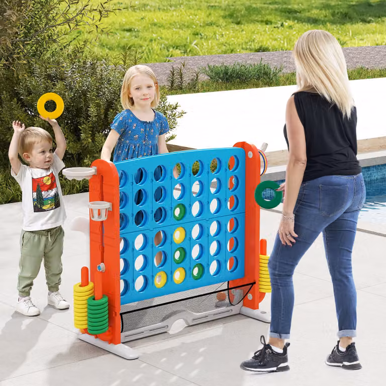 Set di gioco 4 in fila jumbo con lancio anelli, canestro basket e golf Costway, regolabile in altezza, Blu e multicolore con borsa per il trasporto