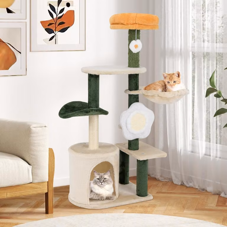 Albero per gatti Costway a forma di fiore beige con torre in peluche, amaca, cave e tiragraffi in sisal per interni