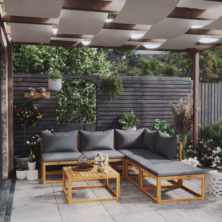 Set di divani da giardino vidaXL in legno massello di acacia con cuscini grigi, 6 pezzi