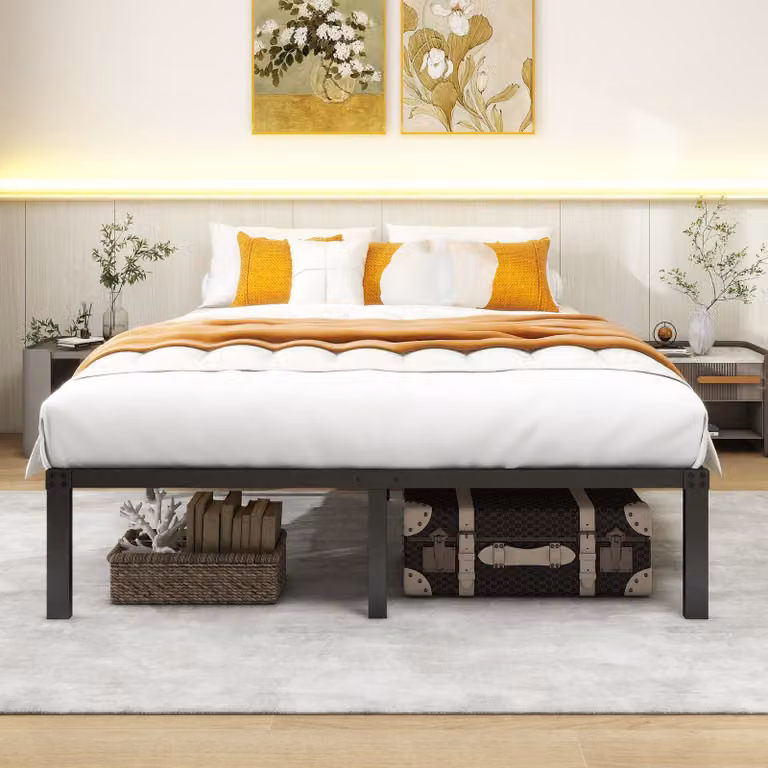 Struttura letto matrimoniale in metallo, dimensioni 200x150 cm, colore nero, altezza 36 cm, con spazio contenitivo