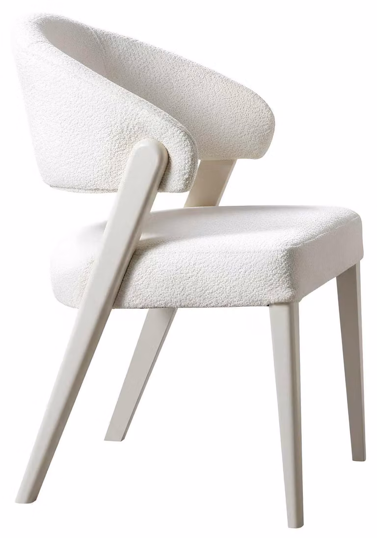 Sedia moderna, bianca, in tessuto, dal design elegante e minimalista, comoda