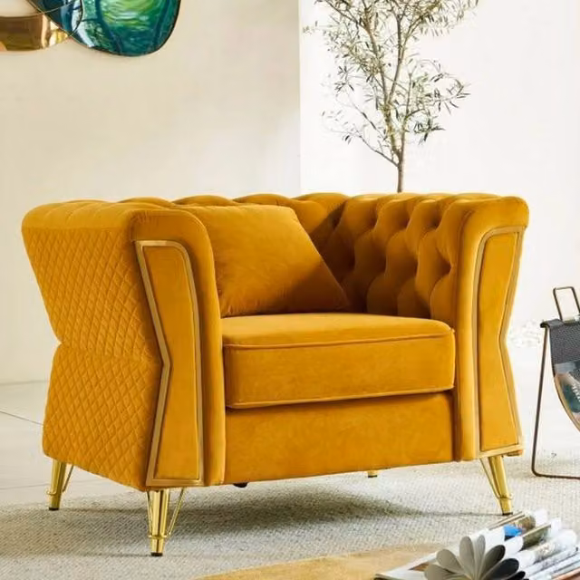 Poltrona DMORA in velluto giallo e oro con braccioli, design moderno per salotto o camera da letto, L 83 cm x P 48 cm x H 76 cm – 1