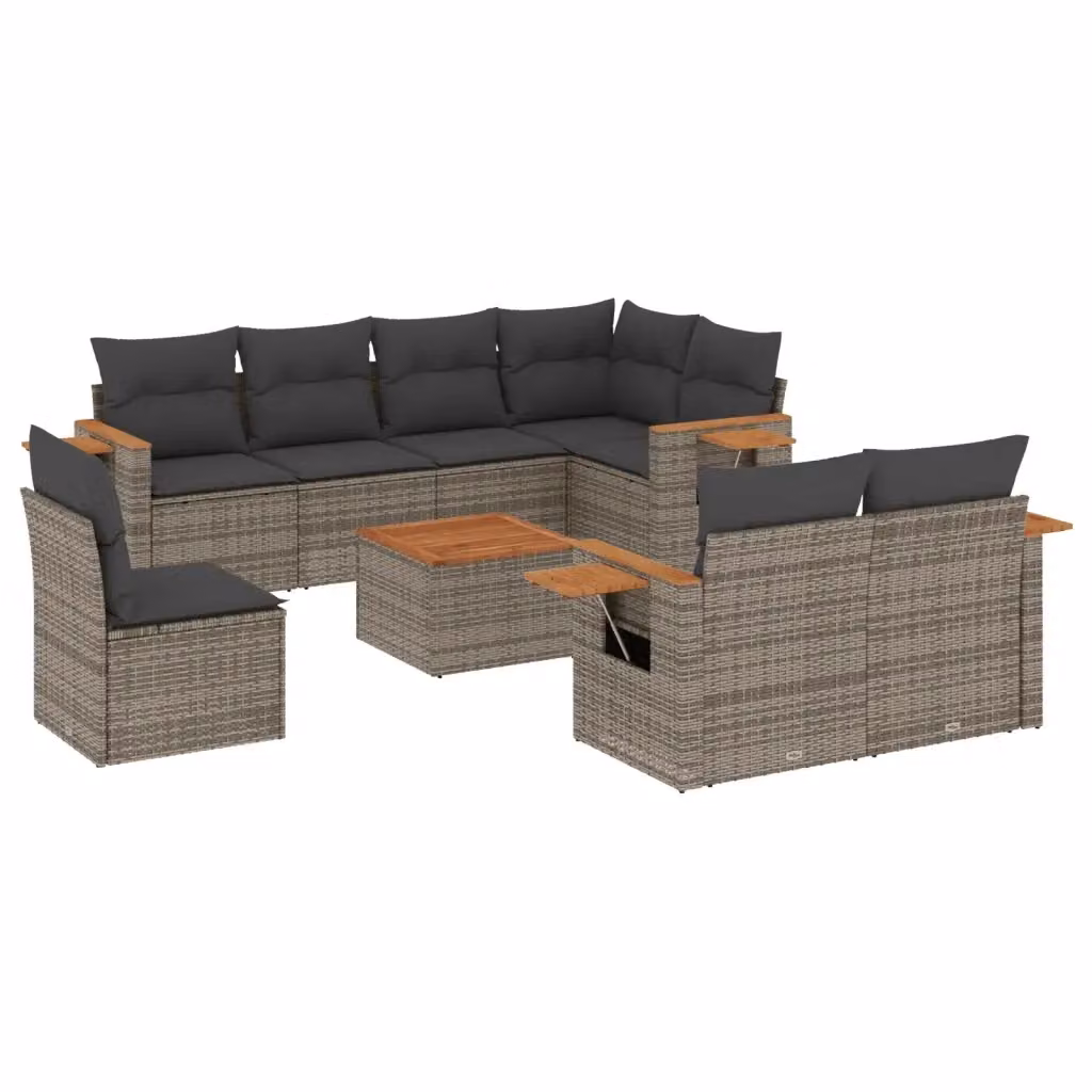 vidaXL Set Divano da Giardino a L 9 pz in Polyrattan Grigio con Cuscini e Tavolino da Caffè – 2
