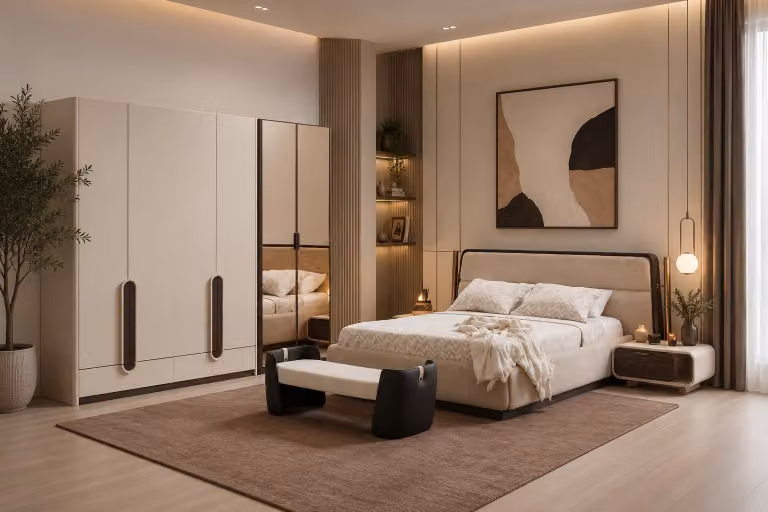 Set per camera da letto: letto, armadio, panca da letto. Design moderno, colore beige, aspetto elegante