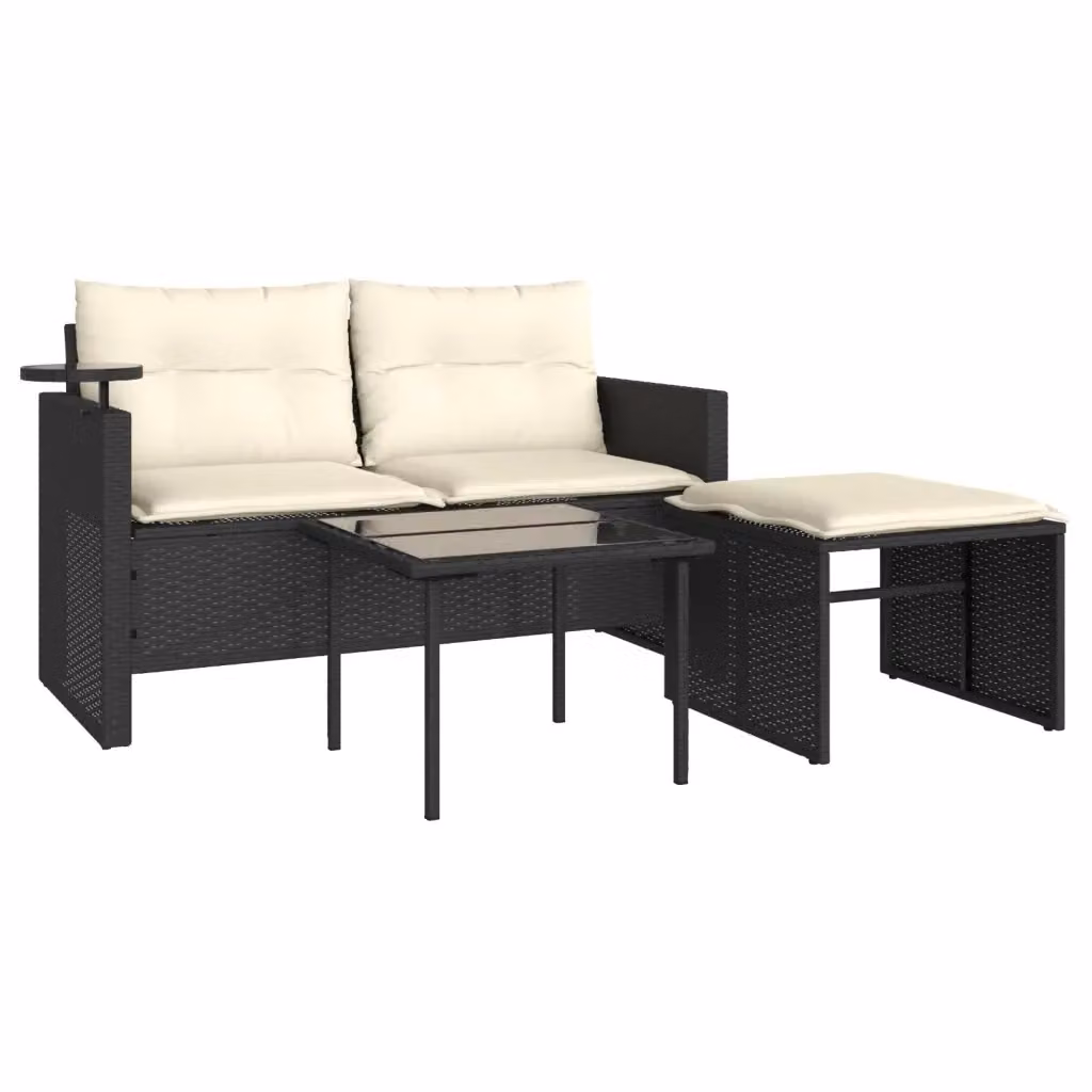 Set da giardino vidaXL composto da divano a 2 posti, pouf e tavolino da caffè con cuscini inclusi in rattan e metallo nero e bianco – 2
