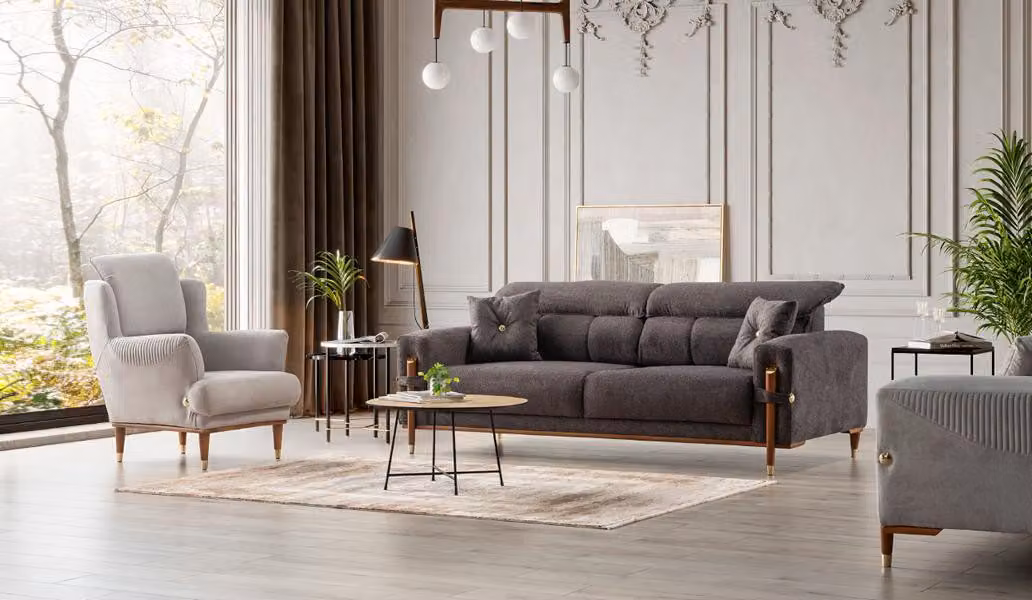 Grau-Beige Sofagarnitur Textilcouchen Polstersessel Moderne Möbel