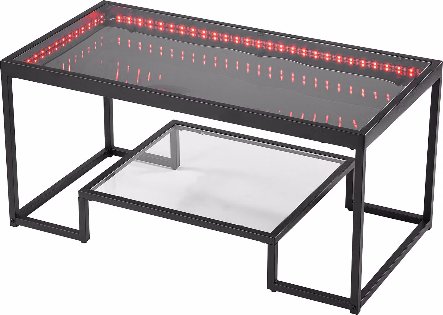 SucceBuy Tavolino moderno in vetro temperato con illuminazione, tavolo rettangolare con due livelli e spazio di archiviazione aperto, tavolino in metallo per soggiorno o ufficio, 100 x 51 x 48 cm, nero