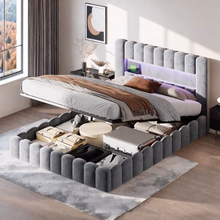 Fortuna Lai Letto imbottito 180x200 cm, LED e USB, letto contenitore con rete a doghe, velluto, grigio