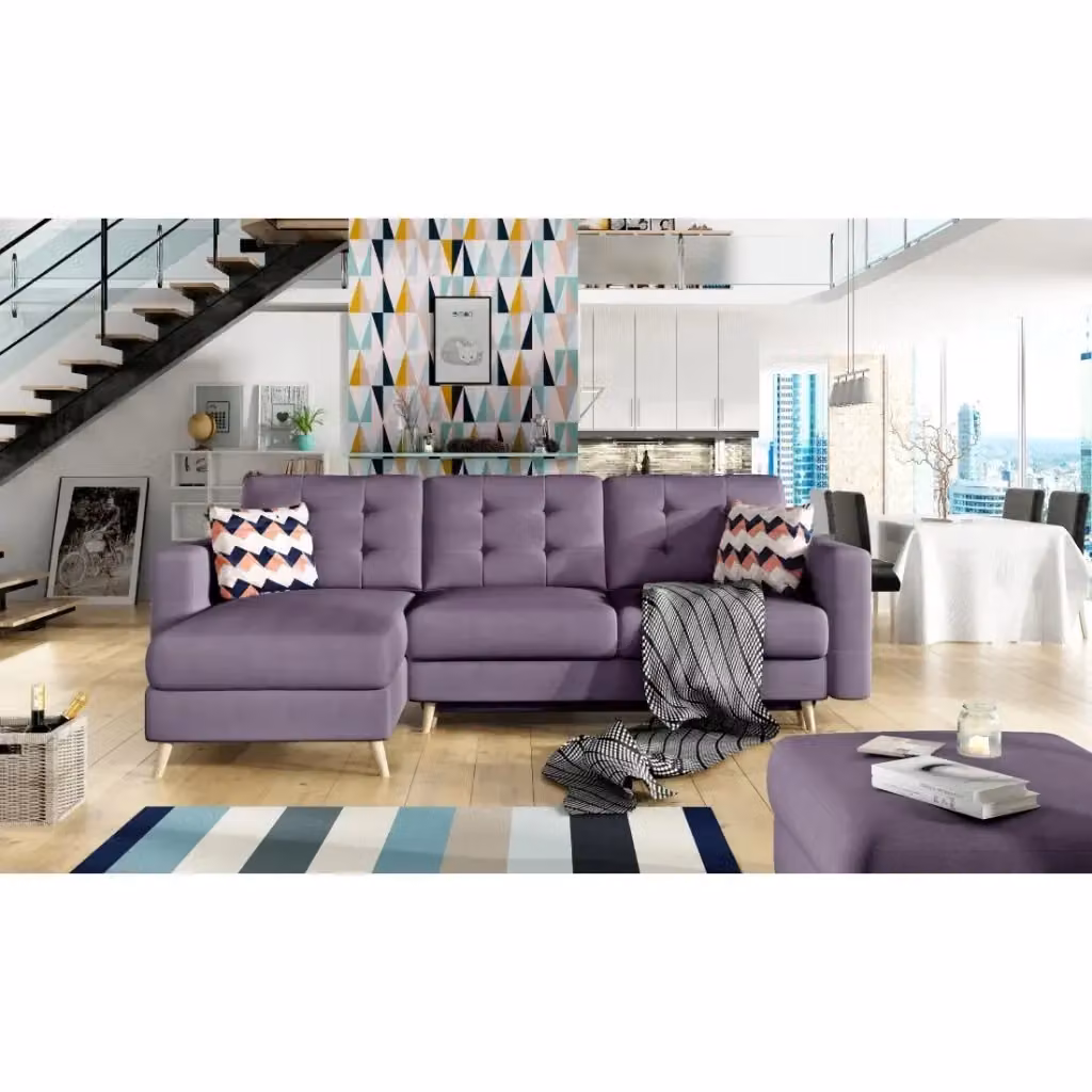 Divano ad angolo trasformabile MEUBLORAMA HASGARD viola con contenitore e funzione letto, reversibile, con struttura in legno e rivestimento in tessuto, L/P/H: 248 x 162 cm – 2