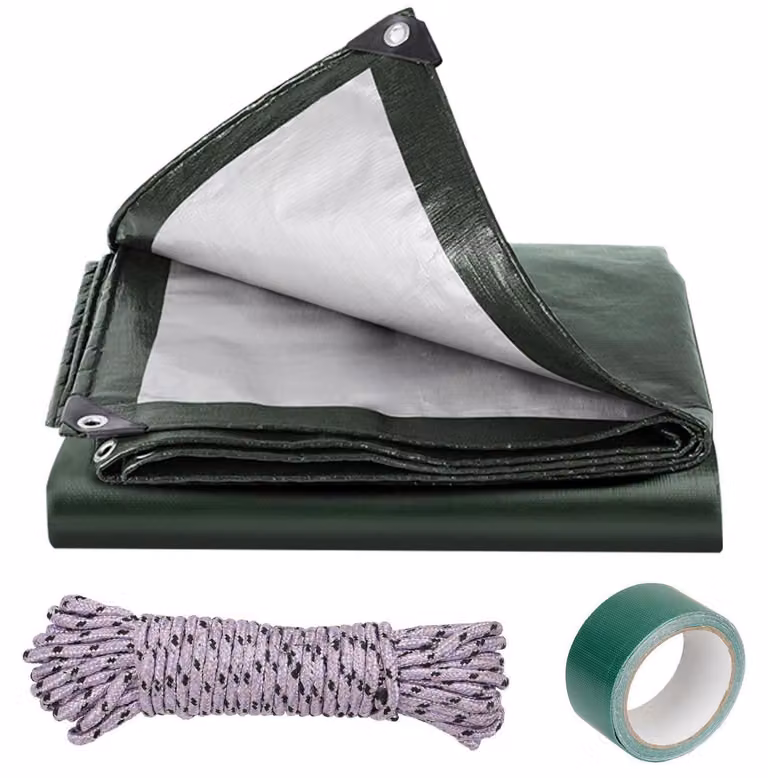Telo di copertura con occhielli, dimensioni 2x3 metri, 180g/m², colore verde-argento, impermeabile, resistente allo strappo, realizzato in tessuto PE. Include corda antivento e materiale di riparazione