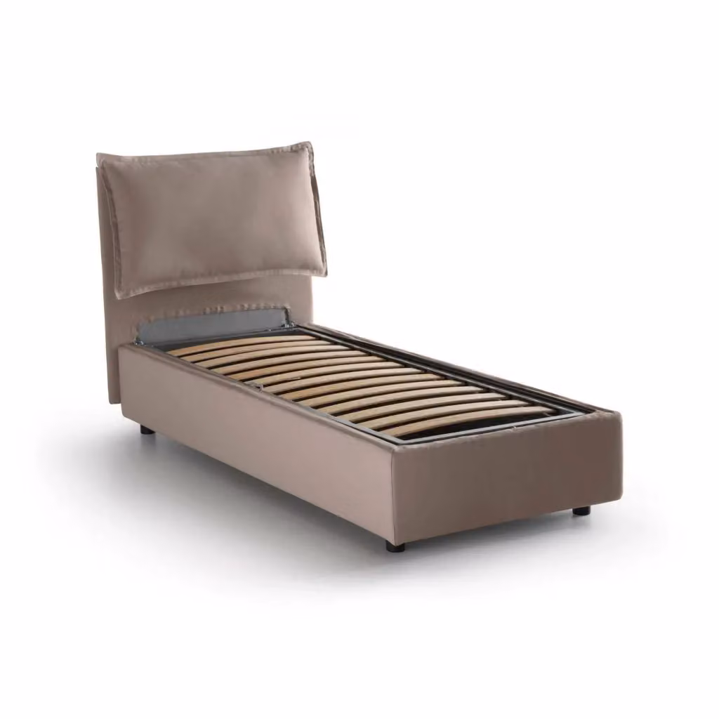 Letto singolo contenitore Talamo Italia con rivestimento in tessuto beige, apertura frontale, adatto per materasso 80x190 cm – 2