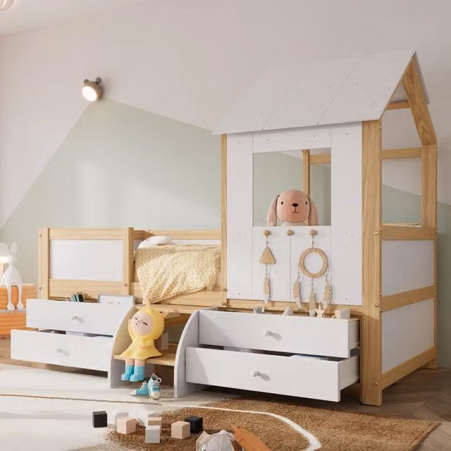 Letto a casetta semialto per bambini WISHDOR con 4 cassetti e scala, bianco e beige, L/P/H: 200 x 90 x 160 cm