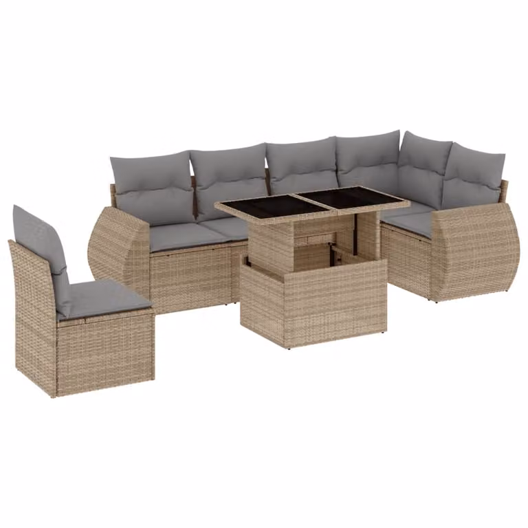Set Divani da Giardino 7 pz con Cuscini Beige in Polyrattan