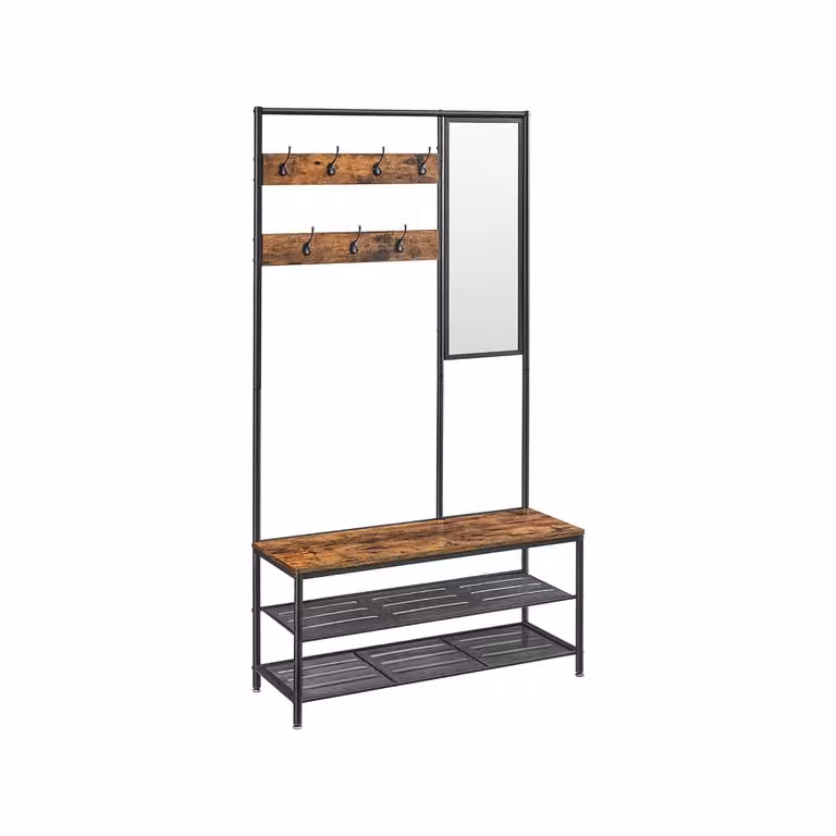 Appendiabiti con Scarpiera, Mobile Ingresso con Ganci, Specchio, Panca e Ripiani, 35 x 98 x 180 cm, Rustico Marrone + Nero
