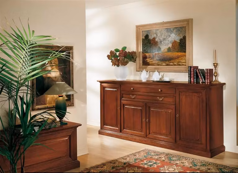 Madia credenza Mobili 2G in legno massello con 4 ante, colore noce, L: 245 cm, P: 52 cm, H: 110 cm